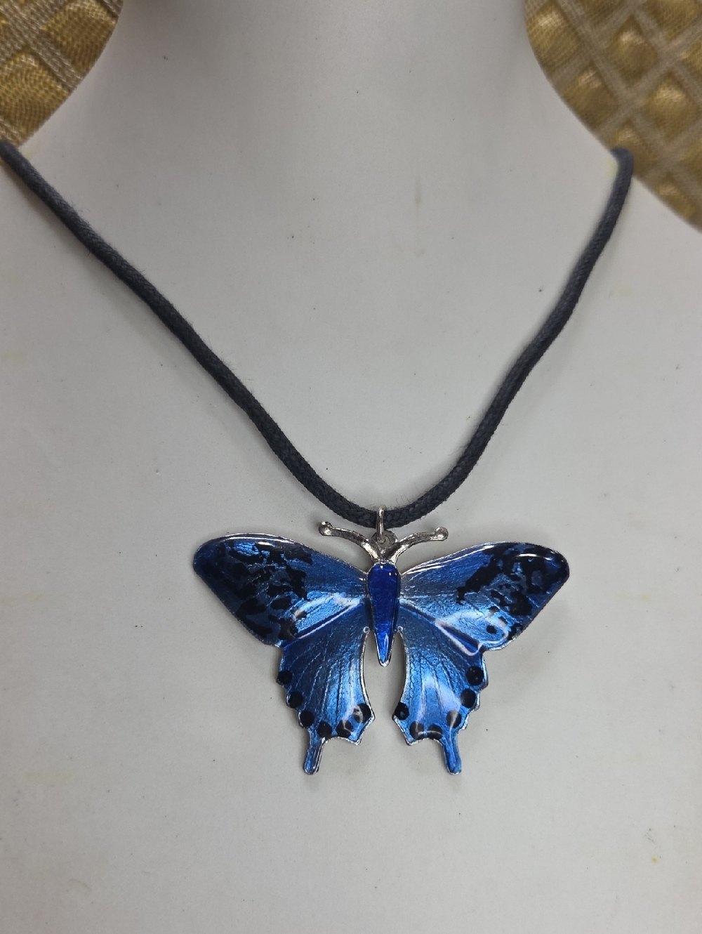 Blue Enamel Butterfly Pendant Necklace - Vintage